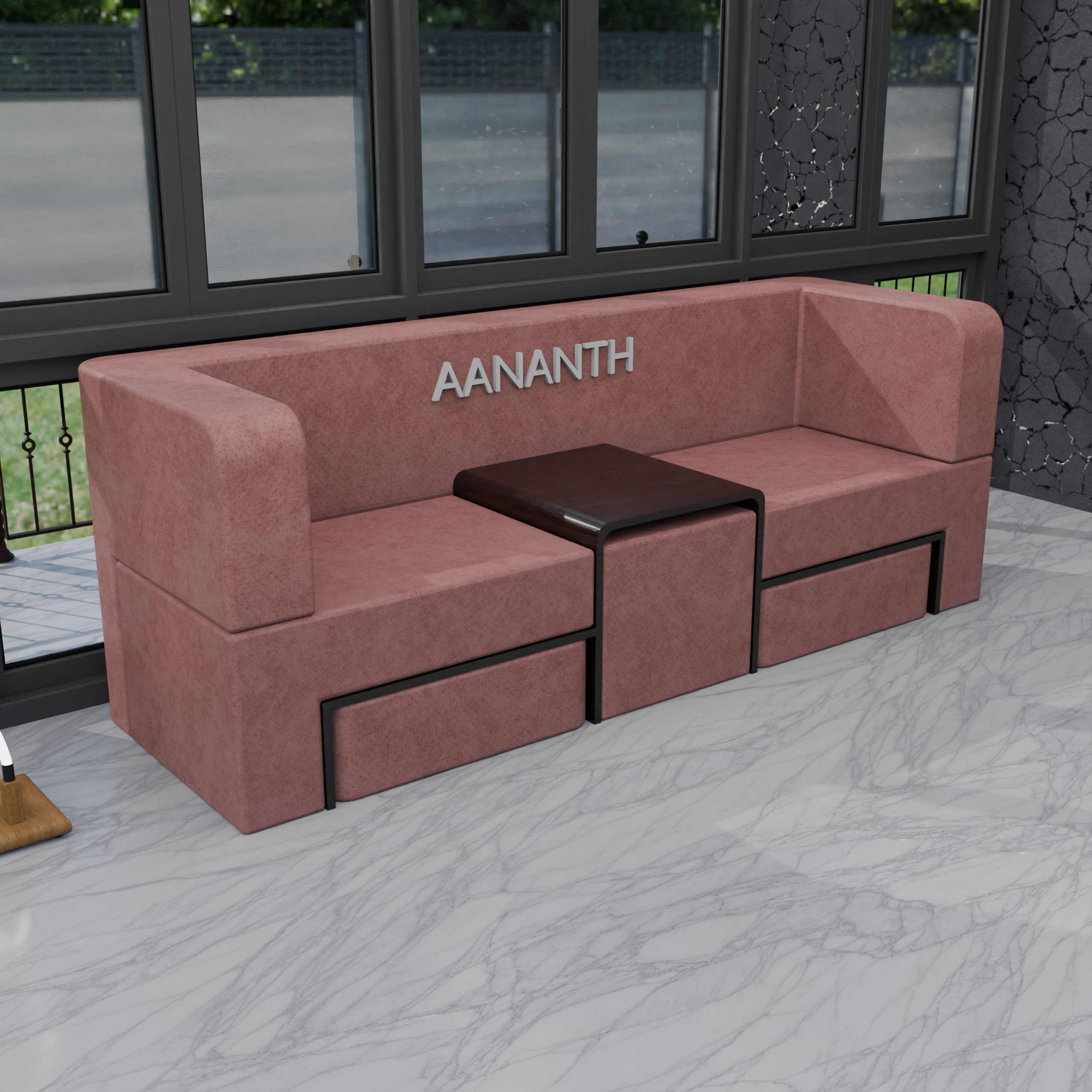 Modular Seating with Two Nested Ottomans and Integrated Coffee Table | Premium Space-Saving Lounge System