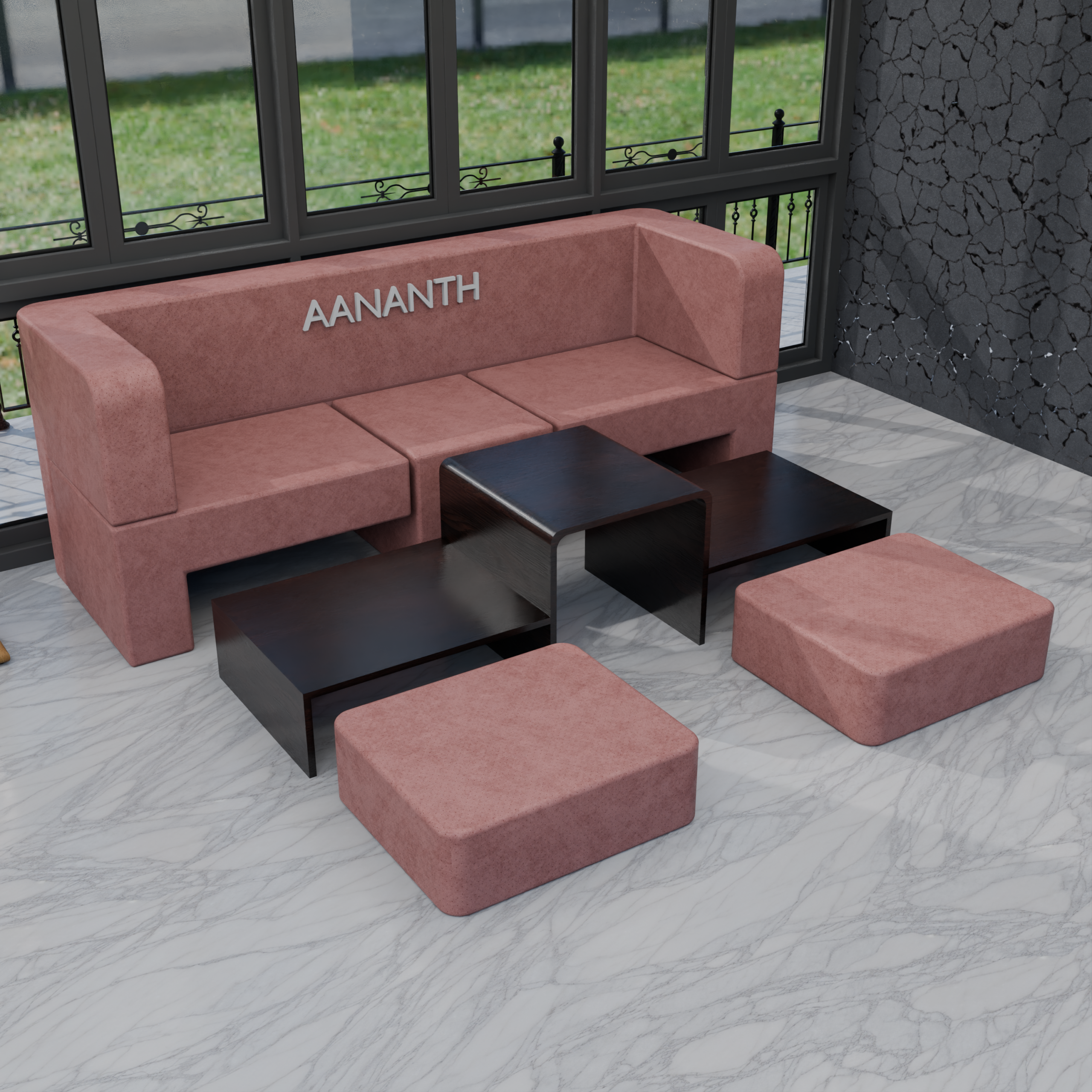 Modular Seating with Two Nested Ottomans and Integrated Coffee Table | Premium Space-Saving Lounge System