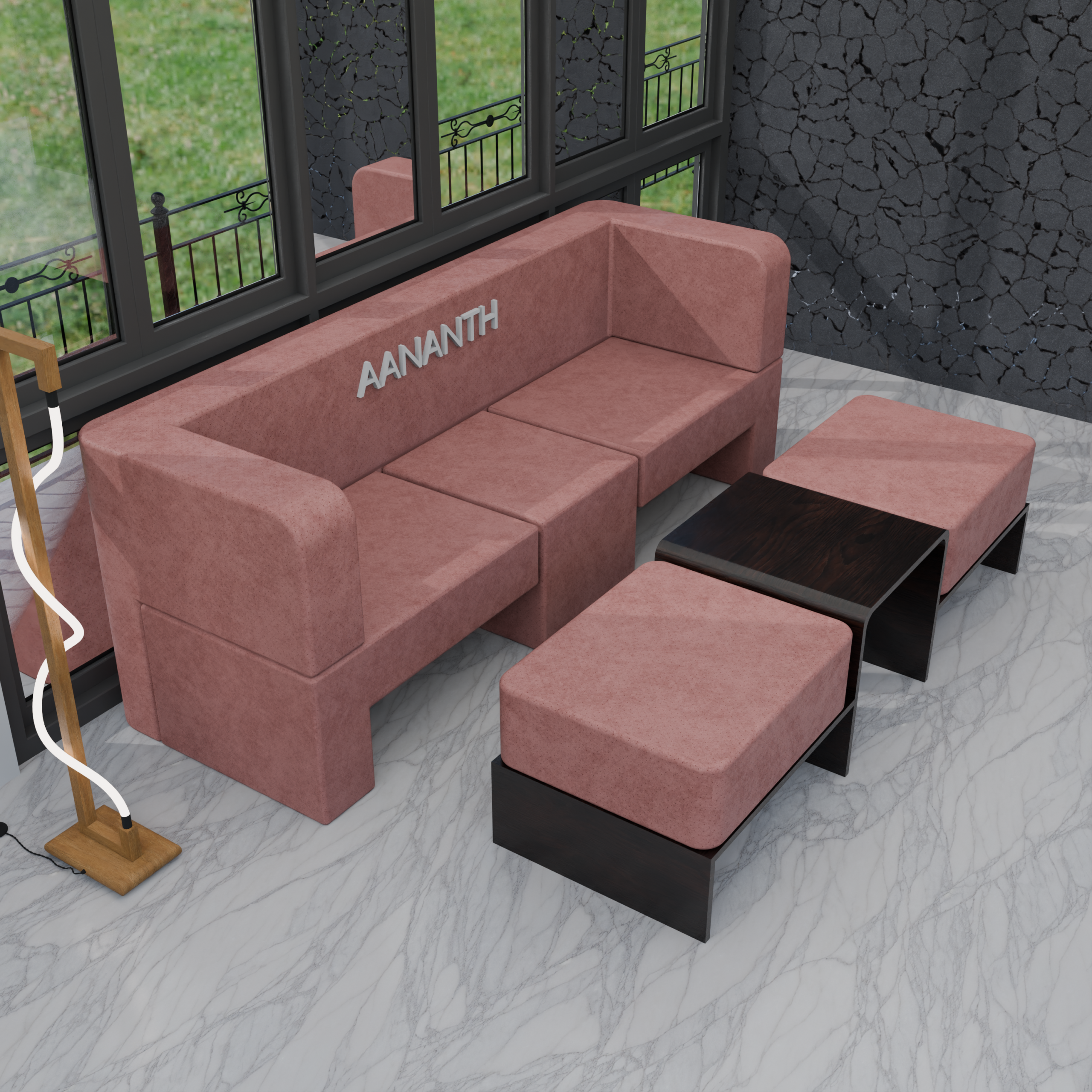 Modular Seating with Two Nested Ottomans and Integrated Coffee Table | Premium Space-Saving Lounge System