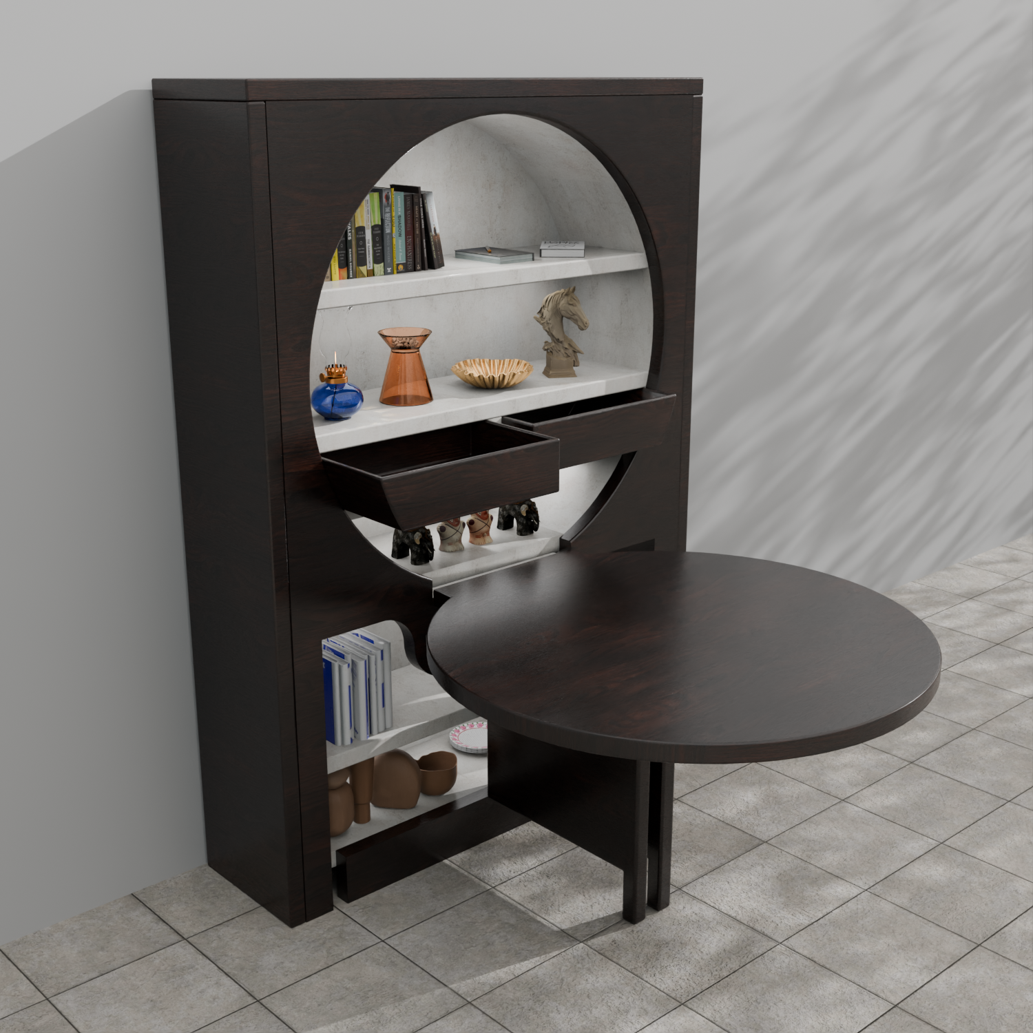Lunar Silhouette Folding Study & Dining Station | Luxury Murphy Table with Integrated Library & Pivot Drawers l Chair not included