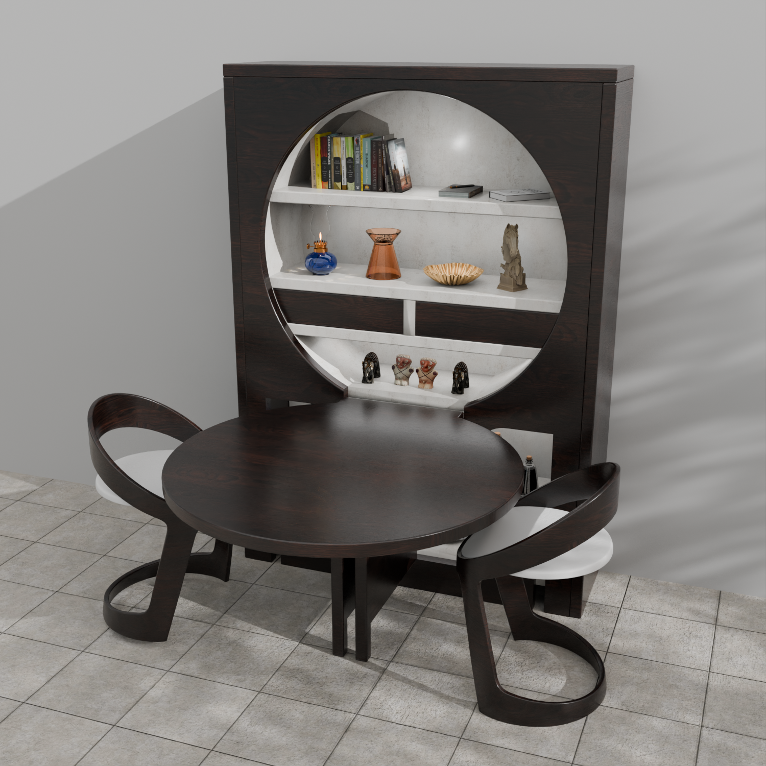 Lunar Silhouette Folding Study & Dining Station | Luxury Murphy Table with Integrated Library & Pivot Drawers l Chair not included