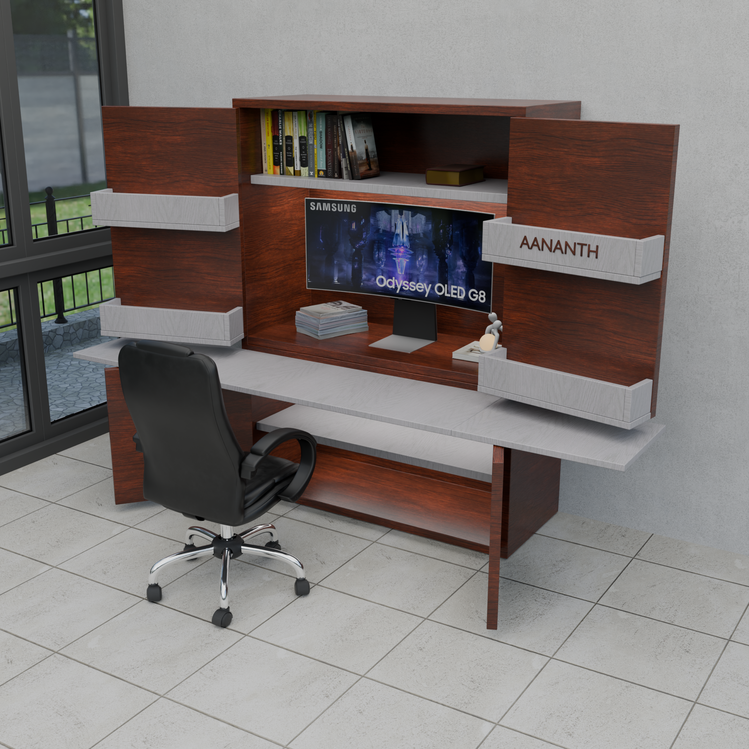 Fold-Away Office Armoire with Integrated Shelving & Expandable Desktop