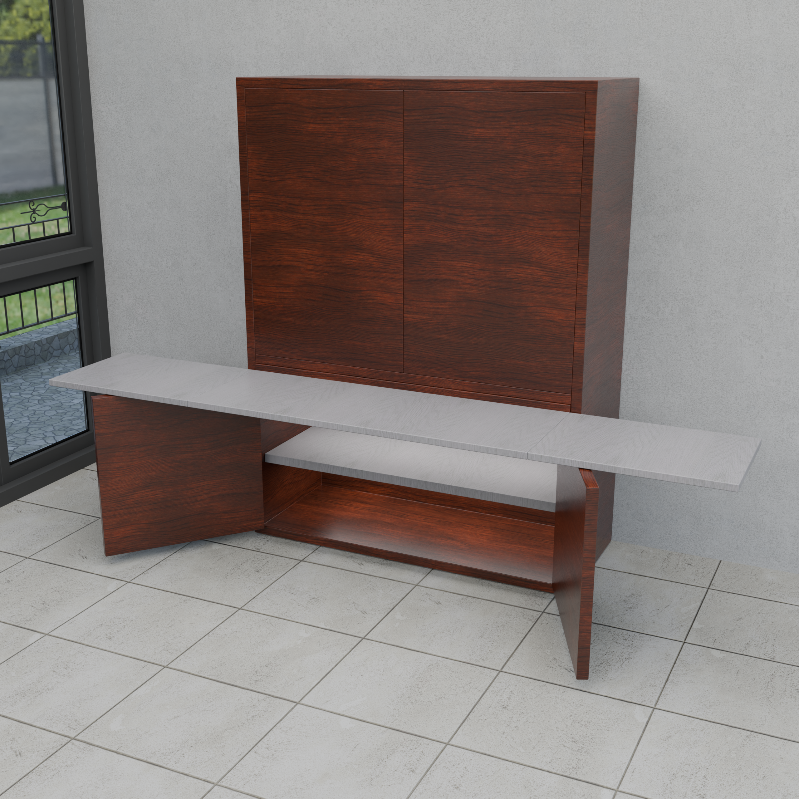 Fold-Away Office Armoire with Integrated Shelving & Expandable Desktop
