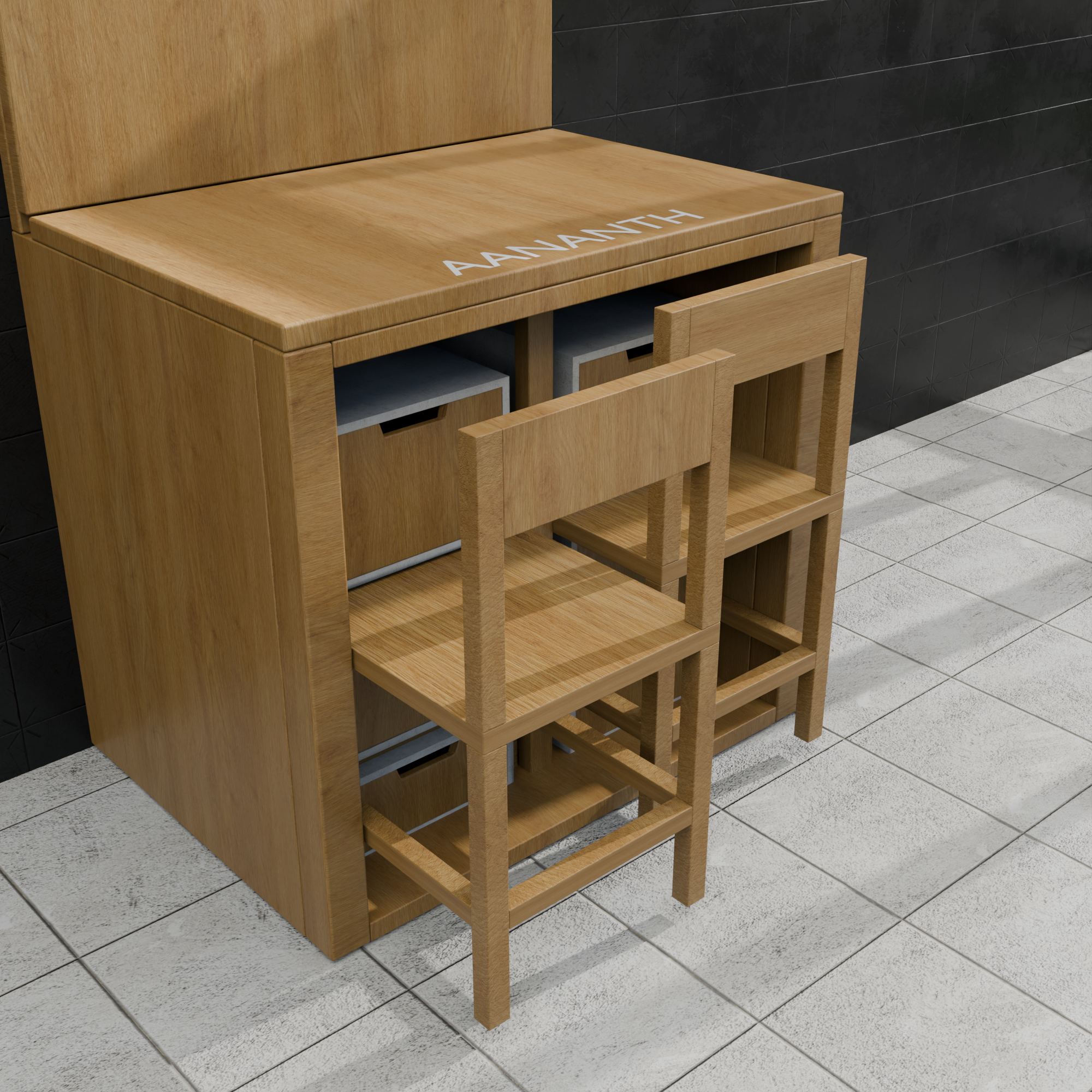 All-in-One Sliding Dining Table with 2 Nested Chairs & Integrated Storage Drawers