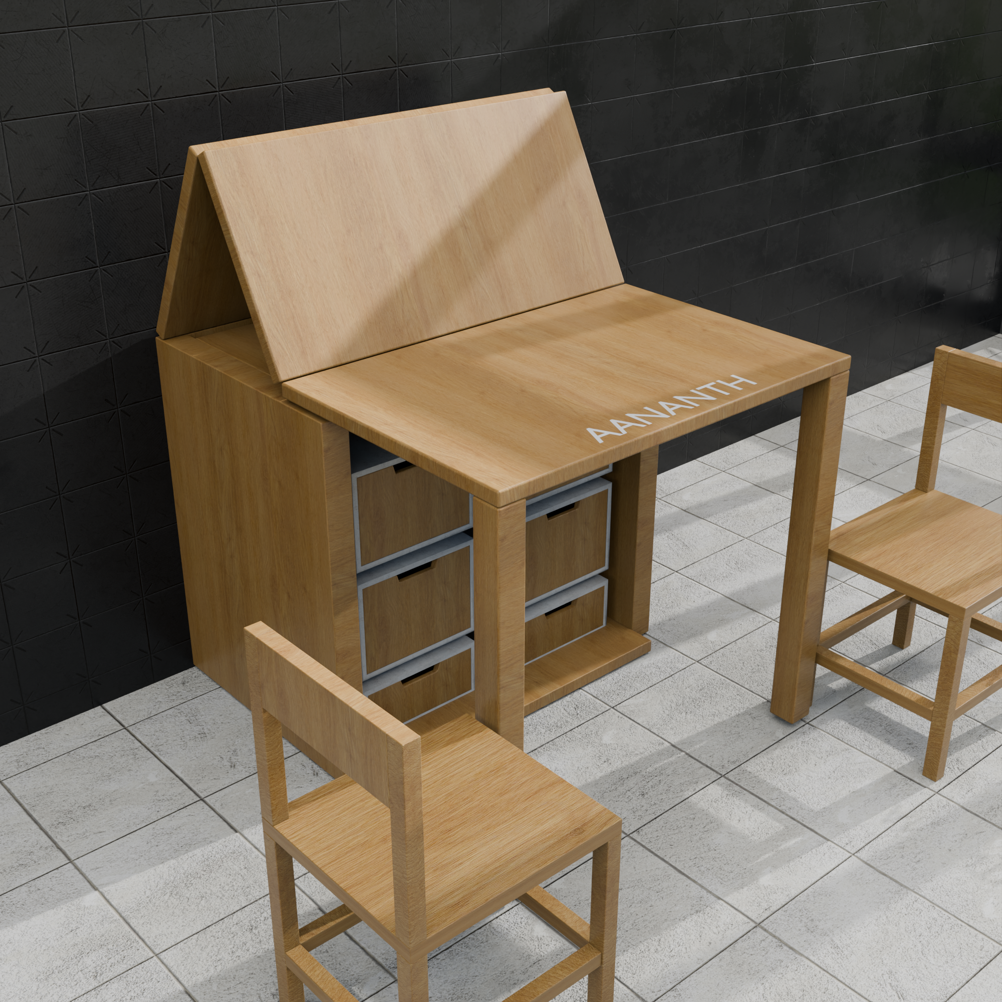 All-in-One Sliding Dining Table with 2 Nested Chairs & Integrated Storage Drawers