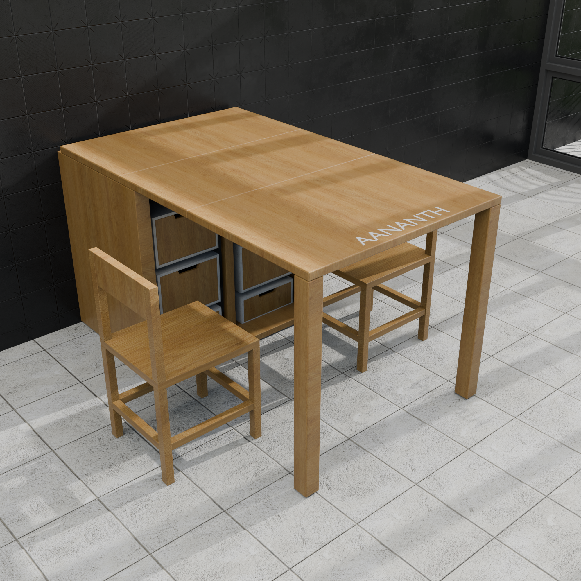 All-in-One Sliding Dining Table with 2 Nested Chairs & Integrated Storage Drawers