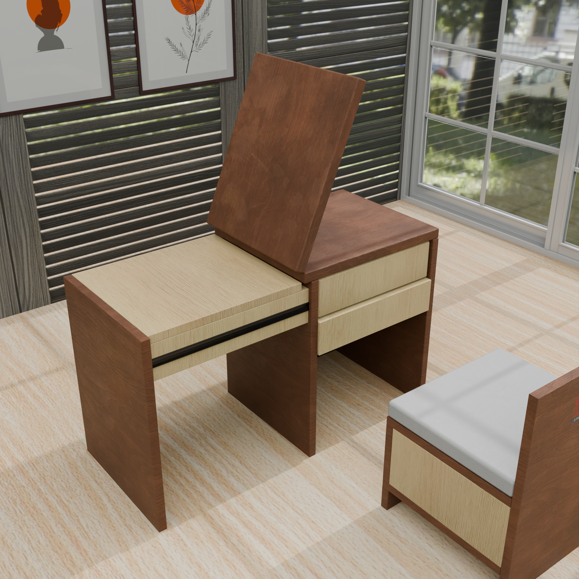 Dual-Persona Vanity & Study Station | All-in-One Compact Desk with Nested Hidden Chair