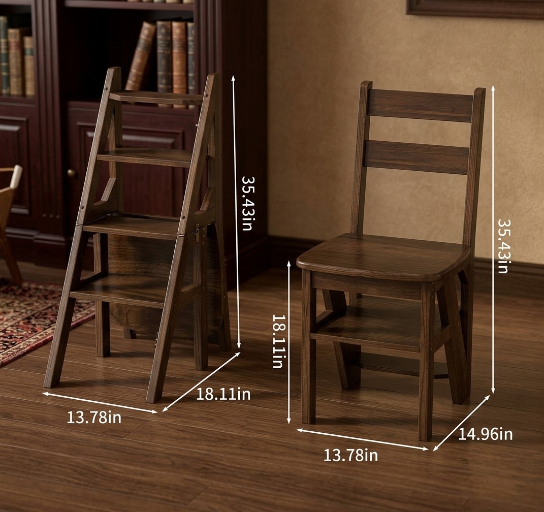 Convertible Chair-to-Step-Ladder l 2-in-1 Solid Wood Library Chair & 3-Tier Utility Ladder